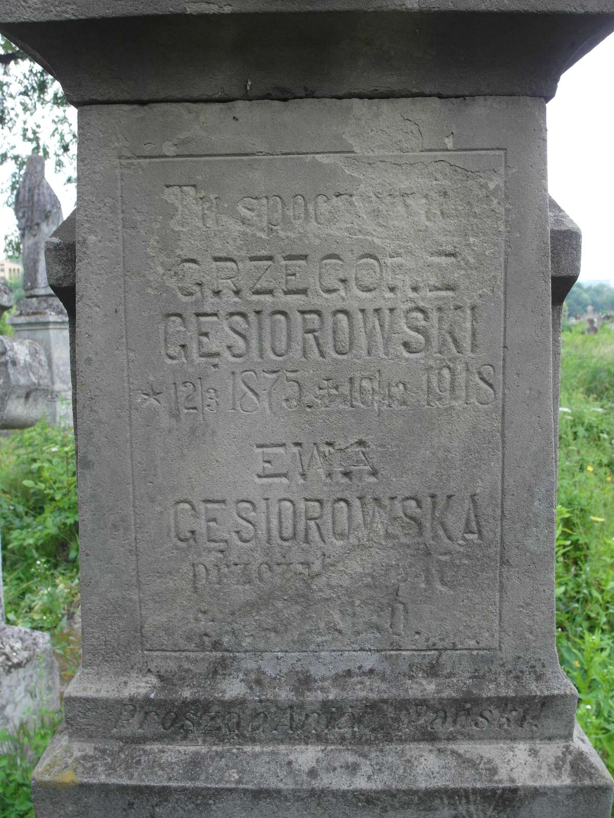 Inskrypcja nagrobka Ewy i Grzegorza Gęsiorowskich, cmentarz w Zbarażu, stan z 2018