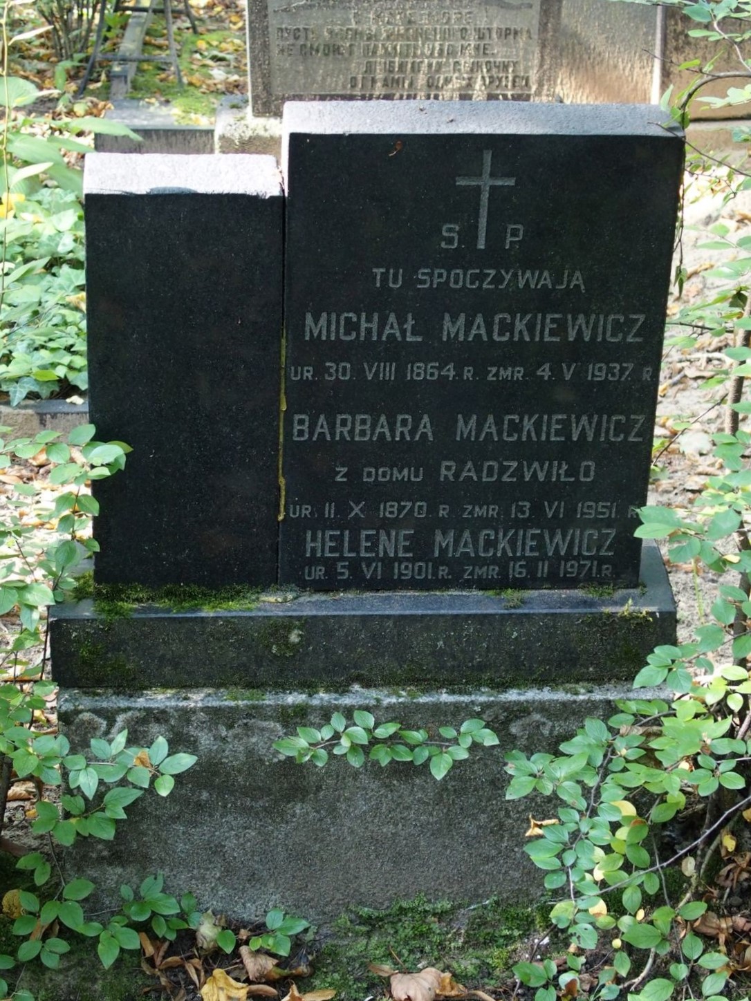 Tombstone of Barbara Mackiewicz, Helena Mackiewicz and Michal Mackiewicz, St. Michael's cemetery in Riga, state as of 2021