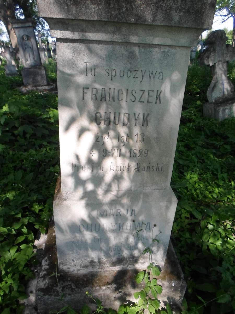 Inskrypcja nagrobka Franciszka i Marii Chudyków, cmentarz w Zbarażu, stan z 2018