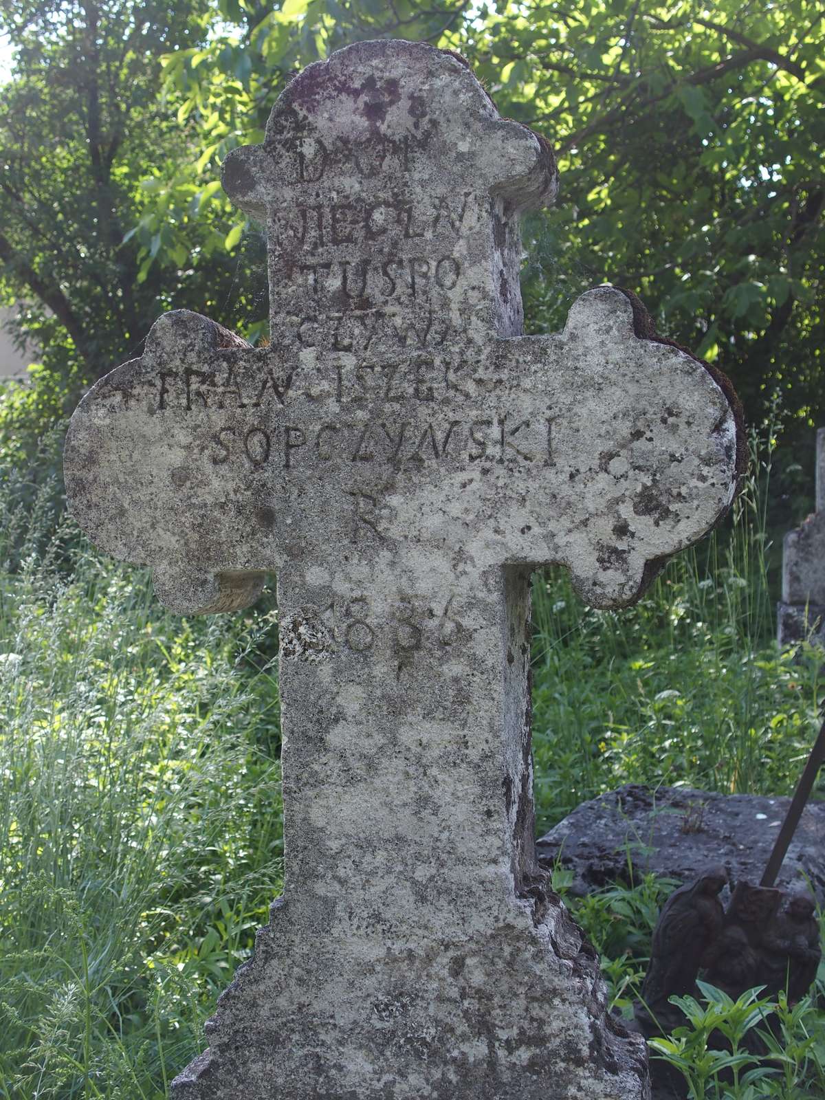 Tombstone of Franciszek Sopczyński, fragment with inscription, zbaraski cemetery, state before 2018