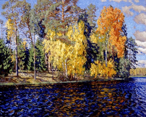 „Jezioro w lesie. Złota jesień. (Granatowa woda)”, 1912, olej, płótno, 116,5 x 142,5 cm, sygn. p. d. : S. Zukowski 1912 (cyrylica), Muzeum Sztuki w Charkowie, Ż-RU 330, Charków, Ukraina.