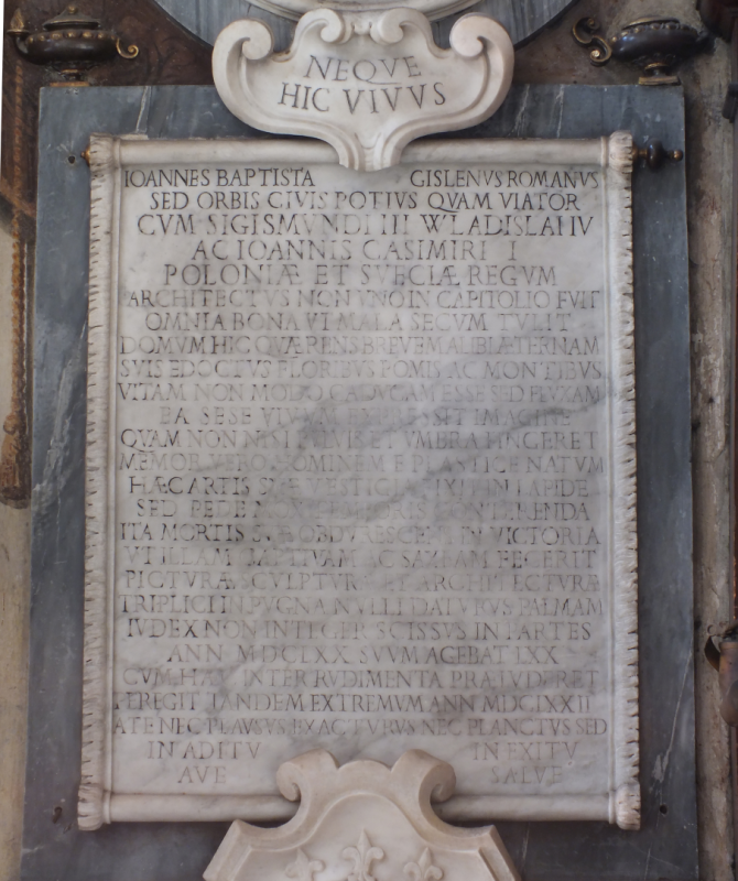 Nagrobek Giovanniego Battisty Gisleniego w kościele Santa Maria del Popolo w Rzymie, 1670–1671, tablica z inskrypcją
