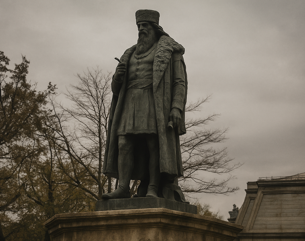 Posąg brodatego mężczyzny w długim futrzanym płaszczu i wysokiej czapce stoi na kamiennym cokole; w tle widać bezlistne drzewa i fragment jasnego, historyzującego budynku na tle pochmurnego nieba.