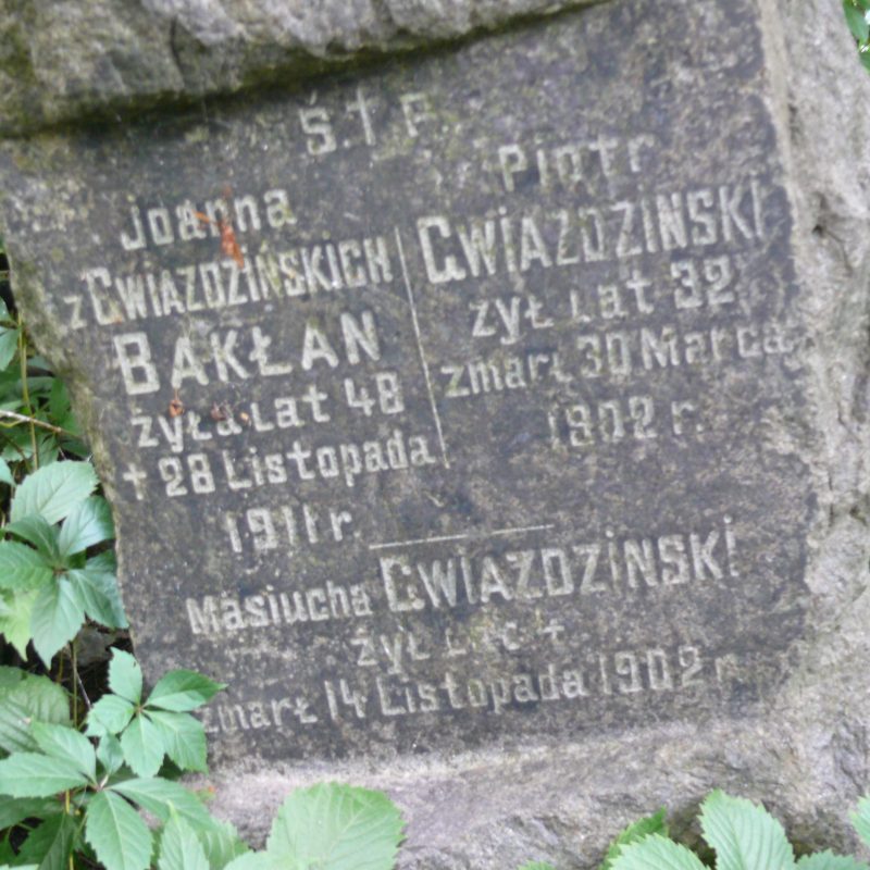 Gravestone inscription of Joanna Bakłan, Piotr Gwiaździński, Masiucha Gwiaździński