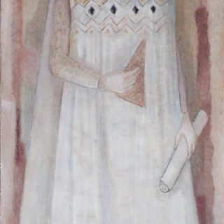 Portret Witelona, polskiego uczonego, w białoszarym kaftanie z geometrycznymi wzorami, trzymającego zwój i ekierkę. Widoczny napis 'Witelo Polacco' i 'XIII Secolo'.