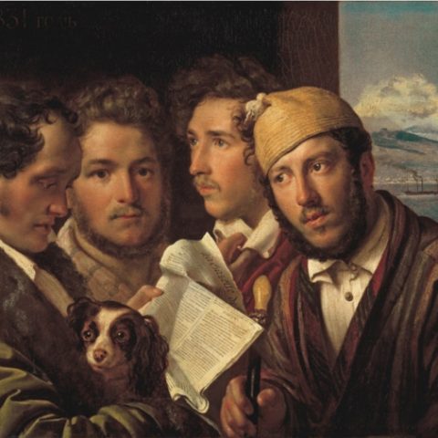 Peinture de quatre hommes lisant un journal intitulé 'Gazette de France' avec le titre 'POLOGNE'. Un petit chien est tenu par un homme. En arrière-plan, le Vésuve est visible avec de la fumée. La date '1831' est inscrite en cyrillique.