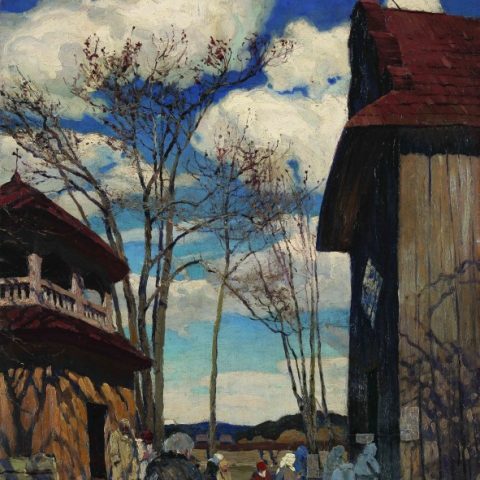 An oil painting by Ferdynand Ruszczyc depicting a scene outside St Michael’s Church in Bohdanów. A group of people are gathered at the entrance. Bare trees and a wooden belfry are visible against a blue sky dotted with clouds.