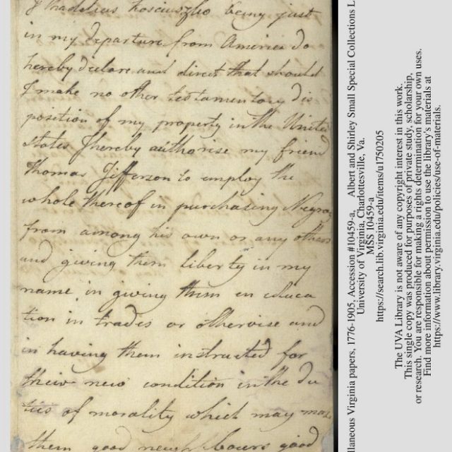 Manuscrit d'une page du testament de Tadeusz Kościuszko, dans lequel il exprime le souhait que Thomas Jefferson utilise ses fonds pour acheter et affranchir des esclaves, ainsi que pour leur assurer une éducation.