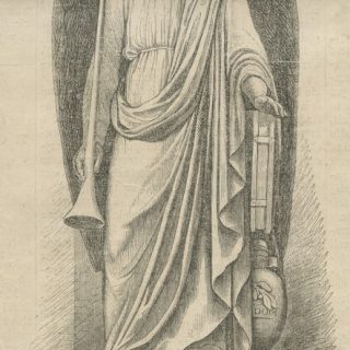Relief of 'Angel of Resurrection' by Tomasz Oskar Sosnowski, circa 1860. The angel holds a trumpet and a scroll, draped in flowing robes, with wings spread behind. Located in the entrance corridor of the hospice at San Stanislao Church, Rome.
