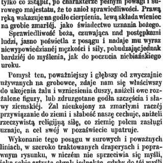 Текст з "Tygodnik Illustrowany" за 1859 рік з описом надгробної скульптури В. Олещинського для могили Снядецького у Вільнюсі. Скульптура зображує ангела, який сходить на Голгофу з хрестом, що символізує божественну справедливість.