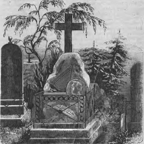 Engraving of Juliusz Słowacki's tombstone in the Montmartre cemetery. Tombstone with large cross, stone with lyre relief and medallion, surrounded by metal fence and trees.