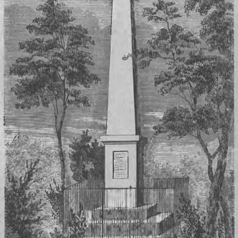Rycina pomnika Kazimierza Pułaskiego w Savannah, przedstawiająca wysoki kamienny obelisk otoczony drzewami i metalowym ogrodzeniem.