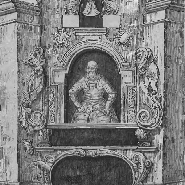 Engraving of the tomb of Adam Kisiel in Nieskenicze. The tomb depicts a carved figure of Kisiel in armour in an ornate niche, surrounded by decorative elements and inscriptions.