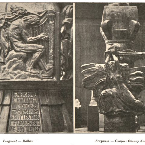 Two detail photographs of the monument to Adam Mickiewicz by Antoine Bourdelle. Left: relief of Halban playing the harp with inscription. Right: sculpture of the Genius of National Defence with wings and sword.