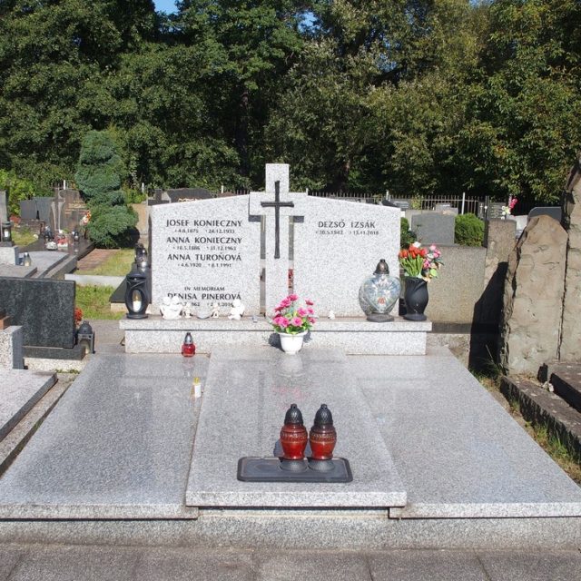 Nagrobek rodziny Koniecznych z płytą trzyczęściową, środkowa wyższa z krzyżem na cokole. Inskrypcja na lewej i prawej steli. Ciemna polichromia. Kwiaty i znicze z przodu.