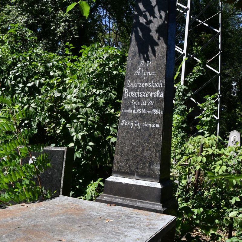 Tombe marquée par un obélisque sur un socle avec une inscription pour Alina Rosciszewska. Le socle a des bords profilés et est couvert par une plaque plus étroite. Entouré de verdure.