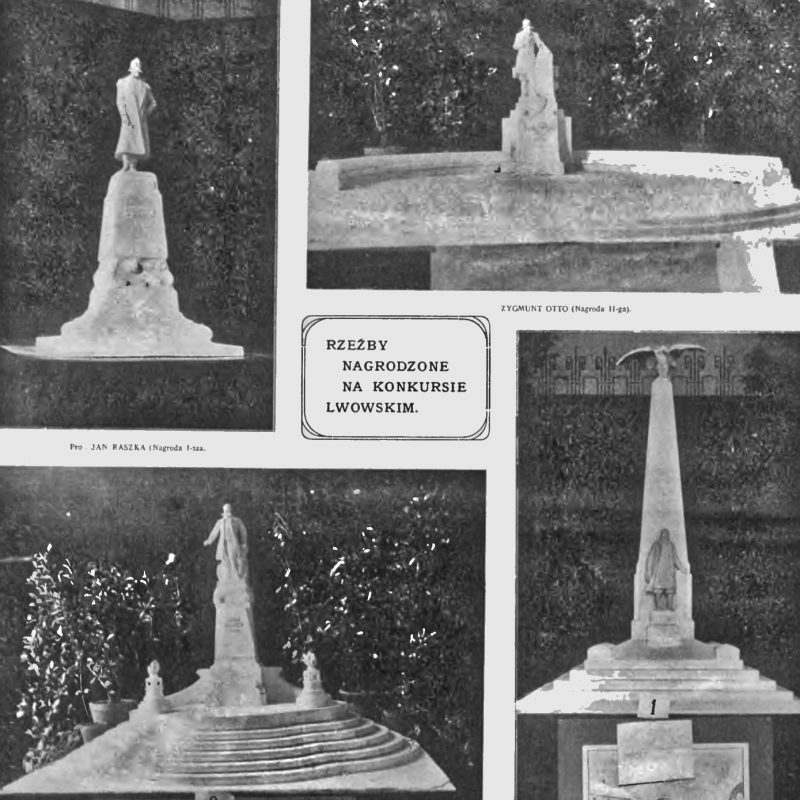 Four sculptures awarded in the Lviv competition for the tomb monument of František Smolka. Includes works by Jan Raszka, Zygmunt Otto, Tadeusz Błotnicki and Jan Nalborczyk.