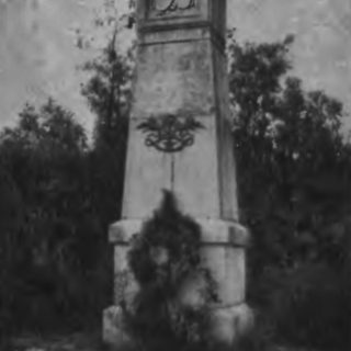 Pomnik generała Bosaka w Burgundii, niedaleko Dijon. Kamienny obelisk z płaskorzeźbami herbów Polski, Litwy i Rusi, otoczony emblematami wojennymi. W tle widoczne drzewa.