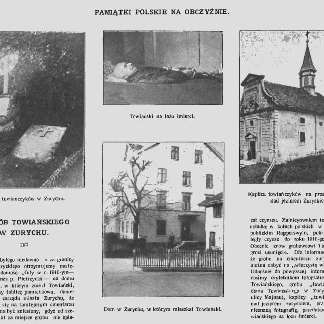Collage de photographies relatives à Towianski à Zurich : les tombes des Towians, Towianski sur son lit de mort, la chapelle Towianski au bord du lac de Zurich et la maison de Towianski.