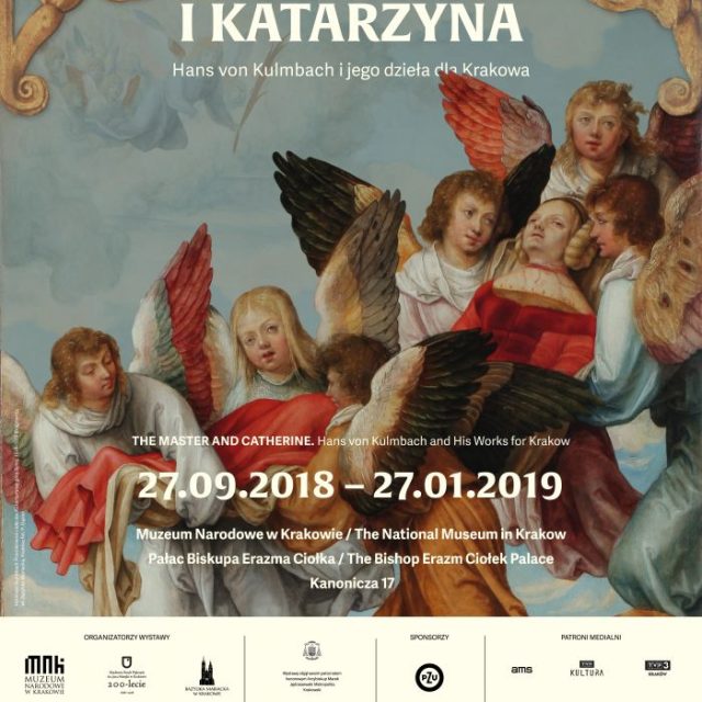 Плакат виставки 'Майстер і Катерина. Ганс фон Кульмбах та його роботи для Кракова' у Національному музеї в Кракові, з ангелами з кольоровими крилами та деталями виставки.