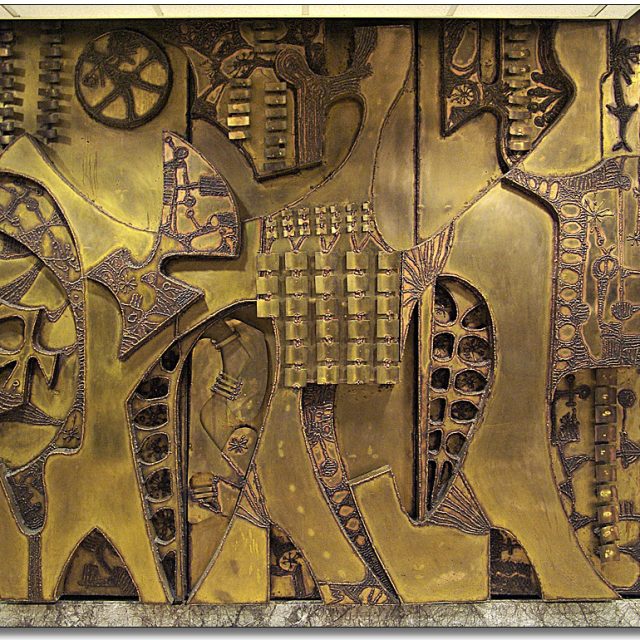 A bronze relief sculpture featuring abstract geometric shapes and textured patterns, with intricate details and a variety of forms, created by Krystyna Sadowska.