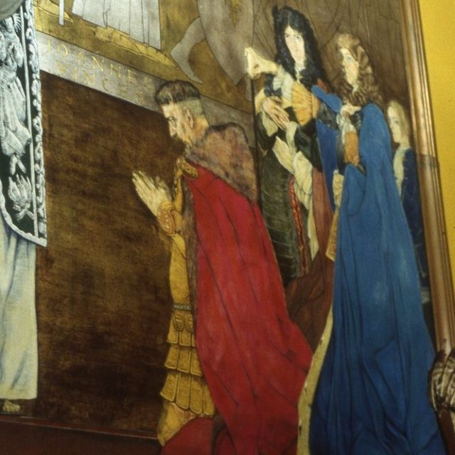Fresque de Jan Henryk Rosen dans la chapelle Sobieski, église Saint-Joseph, Vienne. Elle représente le roi Jan III Sobieski agenouillé en prière avant une bataille, avec des assistants en robes colorées derrière lui.