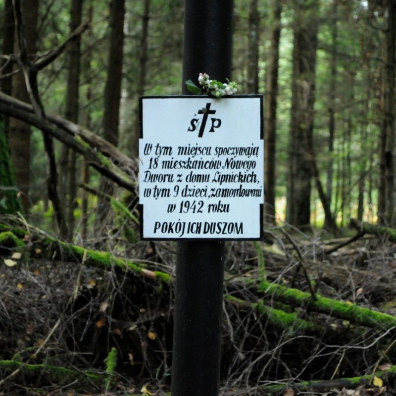 A sign in Naliboki Forest commemorates 18 residents of Nowy Dwór, including 9 children, murdered in 1942. The sign reads 'Rest in Peace' and is surrounded by trees and moss.