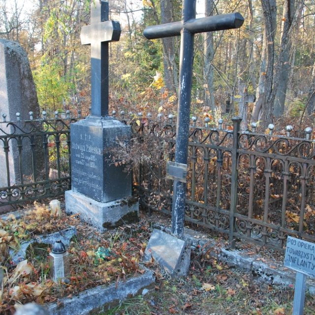Grave of Wincenty Zaleski with a concrete border and metal cross, featuring an inscription plaque. Surrounded by an iron fence with autumn leaves scattered around.