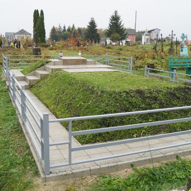 Grób powstańców styczniowych na cmentarzu w Radziwiłłowie, otoczony metalowym ogrodzeniem. Grób pokryty trawą, z kamienną płytą u wezgłowia. W tle widoczne inne groby i drzewa.