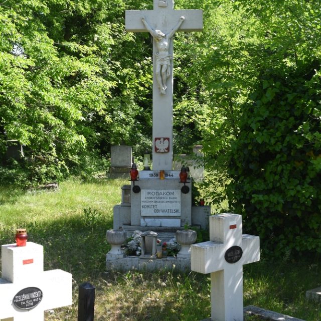 Centralny pomnik w polskiej kwaterze cmentarza Rákoskeresztú w Budapeszcie. Duży krzyż z figurą Chrystusa i tablica upamiętniająca polskie ofiary II wojny światowej. Otaczające groby mają proste krzyże.