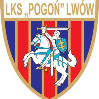Logo LKS 'Pogoń' Lwów przedstawiające rycerza na koniu z mieczem i tarczą, na tle czerwono-niebieskich pionowych pasów.
