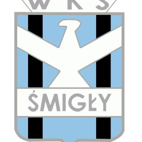 Emblemat WKS Śmigły z stylizowanym orłem na jasnoniebiesko-czarnym paskowanym tle, z literami WKS na górze i napisem Śmigły na dole.