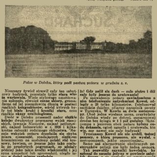 Газетна стаття 1936 року під назвою 'Як пожежа знищила польський культурний центр на Волині' з зображенням згорілого готичного палацу в Дольську, оточеного деревами.
