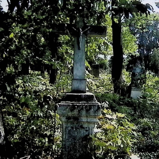 Gravestone with a cross on a pedestal surrounded by dense foliage. The cross features a metal figure of Christ. The pedestal has spiral columns at the corners and an inscription on the front.