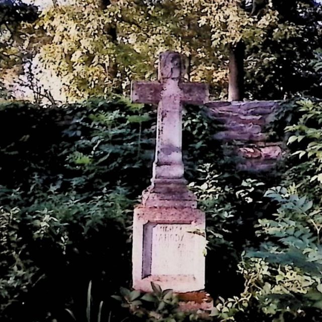 Gravestone of Michał Jahoda with a cross on a two-tiered pedestal surrounded by greenery. The cross has a relief inscription at the top. The pedestal features carved frames with rounded corners.