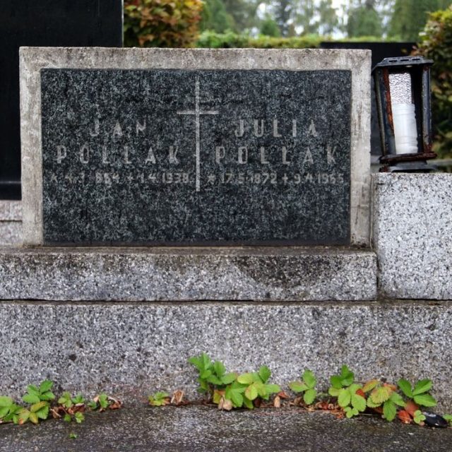 Gravestone of Jan and Julia Pollak with a cross dividing the inscriptions. The stone is set on a base with a smaller block on the right. Greenery grows at the base.