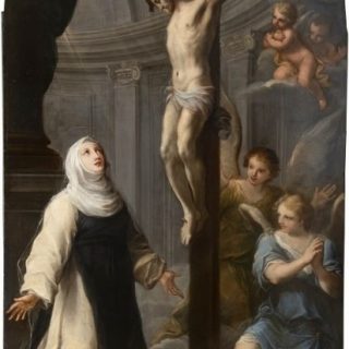 Peinture de Szymon Czechowicz représentant Sainte Hedwige agenouillée en habit cistercien sous la croix avec Jésus. Deux anges et des chérubins sont présents en arrière-plan.