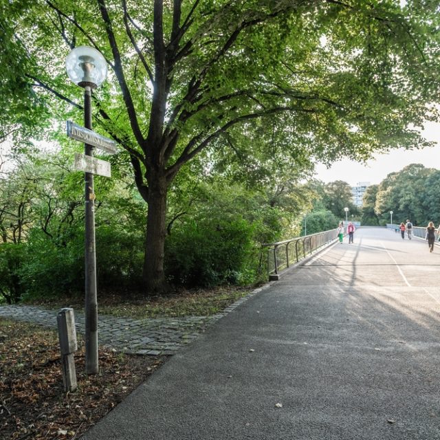 Kusocińskidamm dans le parc olympique de Munich, une allée bordée d'arbres avec un panneau de rue et des personnes marchant au loin.