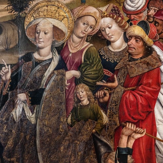 Obraz przedstawiający św. Helenę w bogato zdobionej sukni, otoczoną świtą, wydającą rozkaz wykopalisk w poszukiwaniu Krzyża Świętego. W tle widoczne mury i świątynia Jerozolimy.