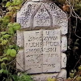 Gravestone of Aleksander Skobalski with a cross resembling a tree trunk on a stone base. The cross is decorated with vine leaves and fruits. A plaque in the form of an open book with an inscription is visible.