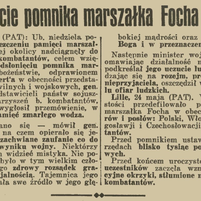 Press note from the 'Illustrated Daily Courier' about the unveiling of the Marshal Foch statue in Lille, 1936. Describes the ceremony attended by ambassadors and veterans and the parade of 25,000 veterans.