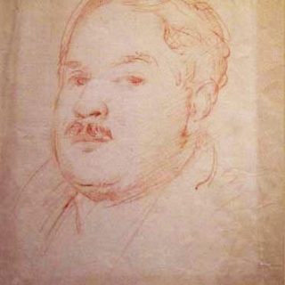 Croquis au crayon du visage d'un homme avec une moustache, dessiné sur un fond de papier texturé.