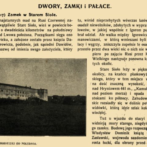 Photographie en noir et blanc du château de Starý Sioľ depuis le sud, le grand bâtiment étant visible dans un ciel sombre. L'image fait partie d'un article sur l'histoire et la géographie du château.