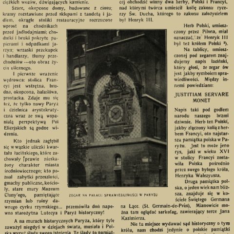 Fotografia wieży zegarowej w Pałacu Sprawiedliwości w Paryżu z herbami Polski i Francji. Herb Polski symbolizuje związek Henryka III z Polską.