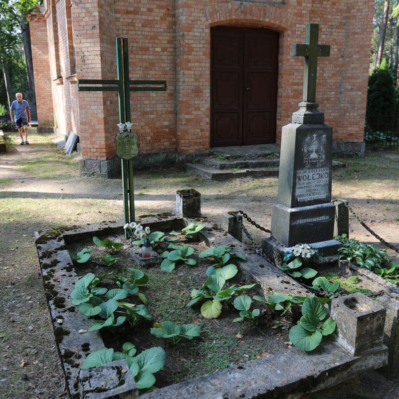 Krzyż żelazny z zieloną farbą na betonowej podstawie, z tabliczką cynkową w kształcie tarczy. Otoczony betonowym obramowaniem z brakującym słupkiem, rośliny i mogiła ziemna. W tle budynek z cegły.