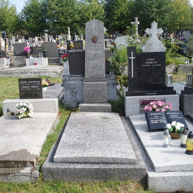 Tombe de Barbara et Karol Rudol avec une pierre tombale ornée d'un obélisque sur un socle. L'obélisque porte une croix et une plaque ovale avec un médaillon en métal. Inscription visible sur le socle.