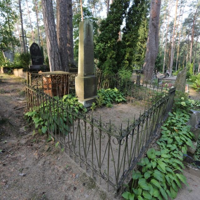 Grób Stanisława Krassowskiego i Stefanii Sawaniewskiej z różowym granitowym obeliskiem na dwustopniowej podstawie. Otoczony żelaznym płotem z wyłamaną furtką. W polu grobowym bukszpan i rośliny kwiatowe.
