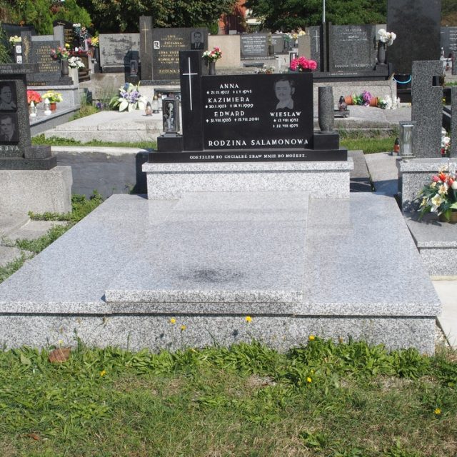 Pierre tombale de la famille Salomon avec inscriptions et portraits. La stèle est sur une haute base avec une croix et des fleurs sur les côtés. La tombe est entourée d'herbe.