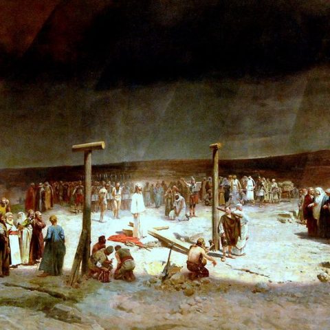 Le tableau de Jan Styka intitulé « Golgotha » représente la scène précédant la crucifixion, avec Jésus vêtu d’une tunique blanche, entouré d’une foule. On y voit des soldats romains et des disciples, avec en arrière-plan un panorama de Jérusalem.