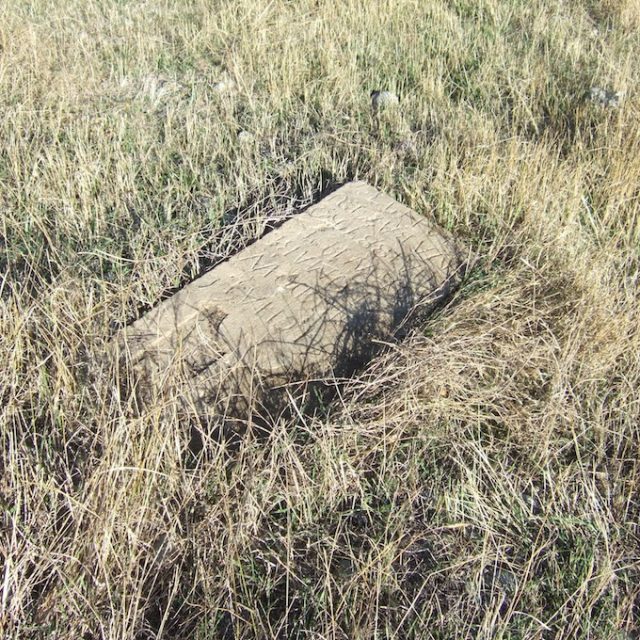 Pierre tombale rectangulaire de Michał Dobrowski partiellement enterrée dans le sol, avec inscription en polonais, entourée d'herbe sèche.